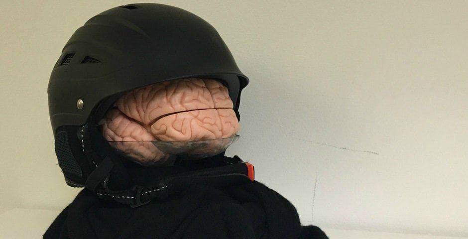 En skidhjälm med en plasthjärna inuti.