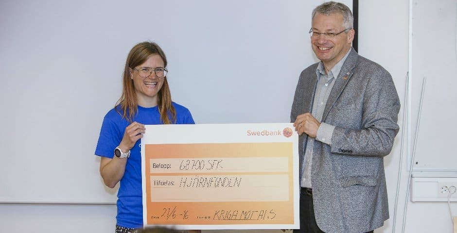 Lisa Kriga och Peter Andersen tar en bild med en check på 68 tusen 700 kronor.