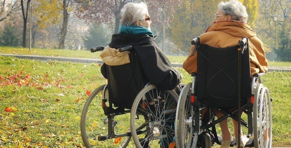 Två äldre damer i rullstol sitter i gräset i en park och samtalar.