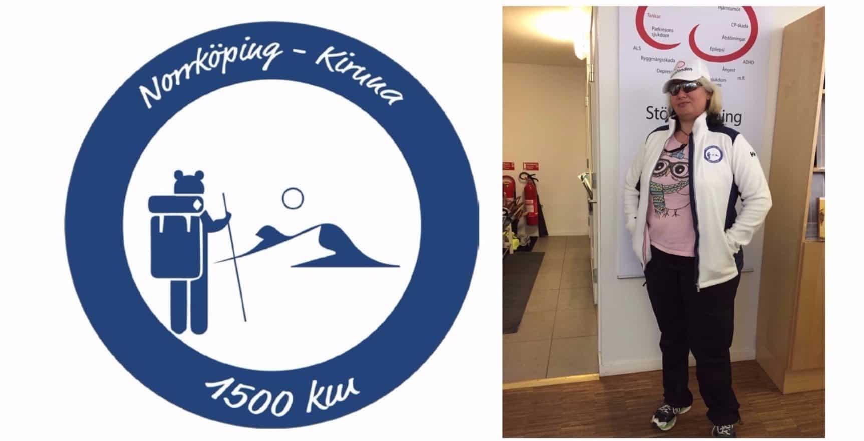 Logotyp med texten "Norrköping - Kiruna 1500 km" och ett porträtt av Carla.