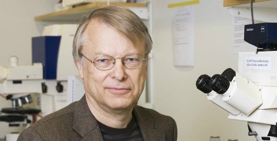 Porträtt av Lars Olsson vid ett mikroskop.
