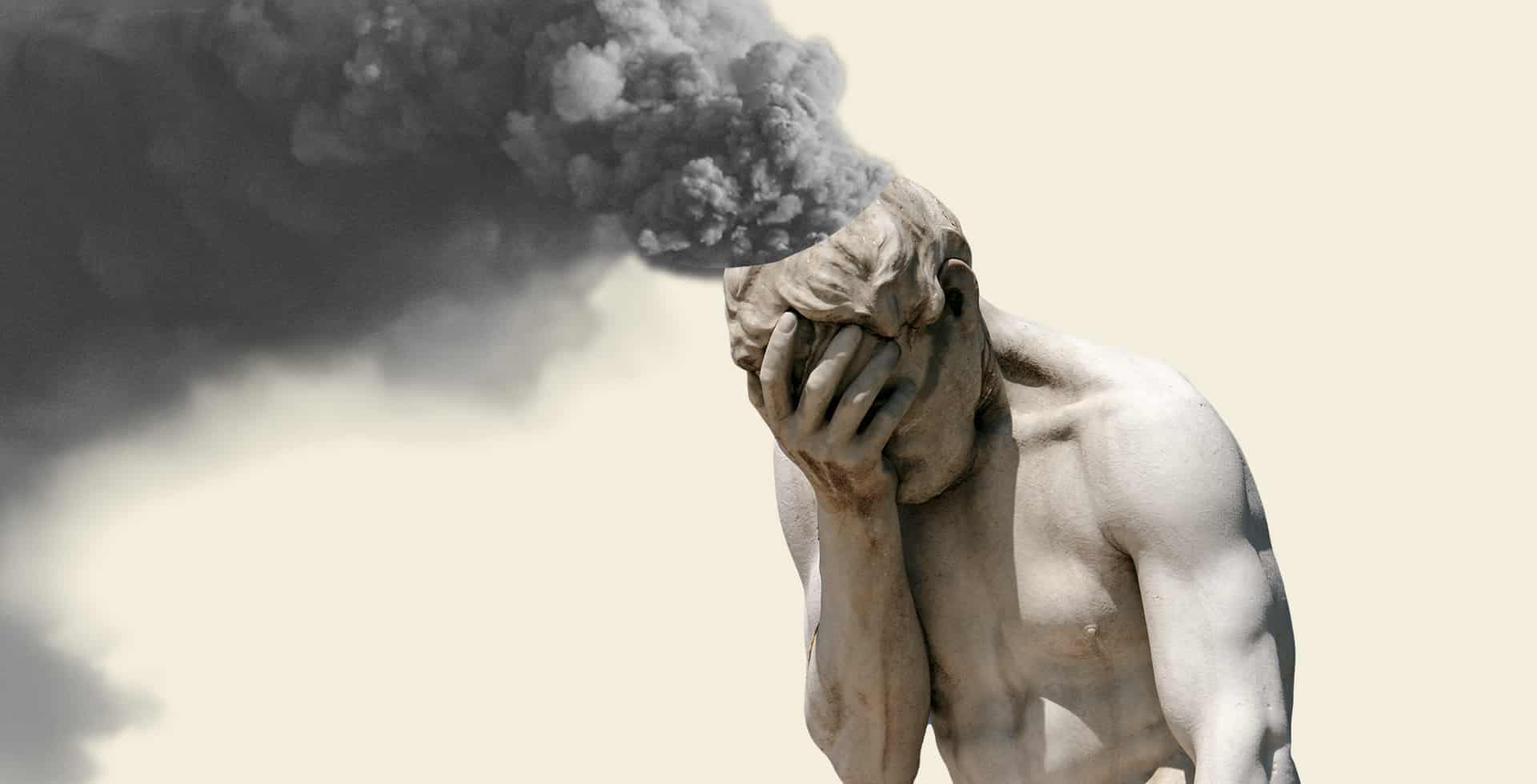 Kollage med en skulptur av en människa som håller handen för ansiktet, med ett mörkt rök­moln som väller ut från huvudet.