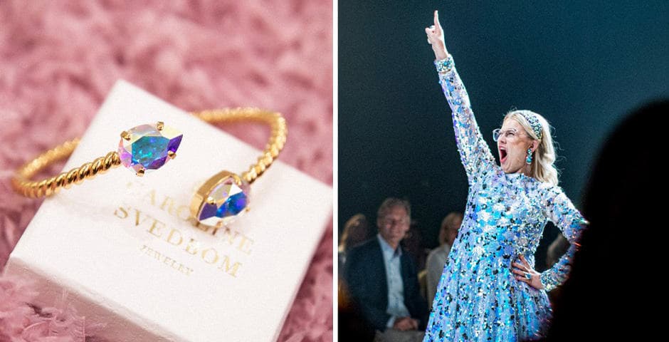 Smycke och smyckesask och en separat bild på Caroline Svebom som står på en scen med sin arm sträckt upp i luften.