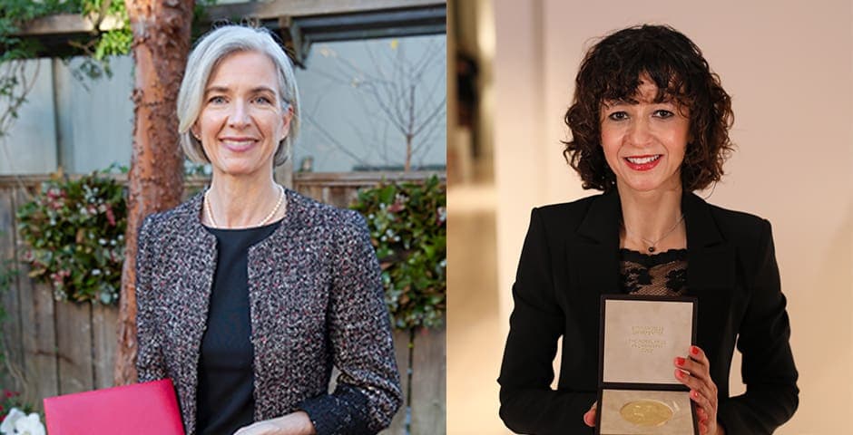 Separata porträtt av nobelpristagare Jennifer Doudna och Emmanuelle Charpentier.