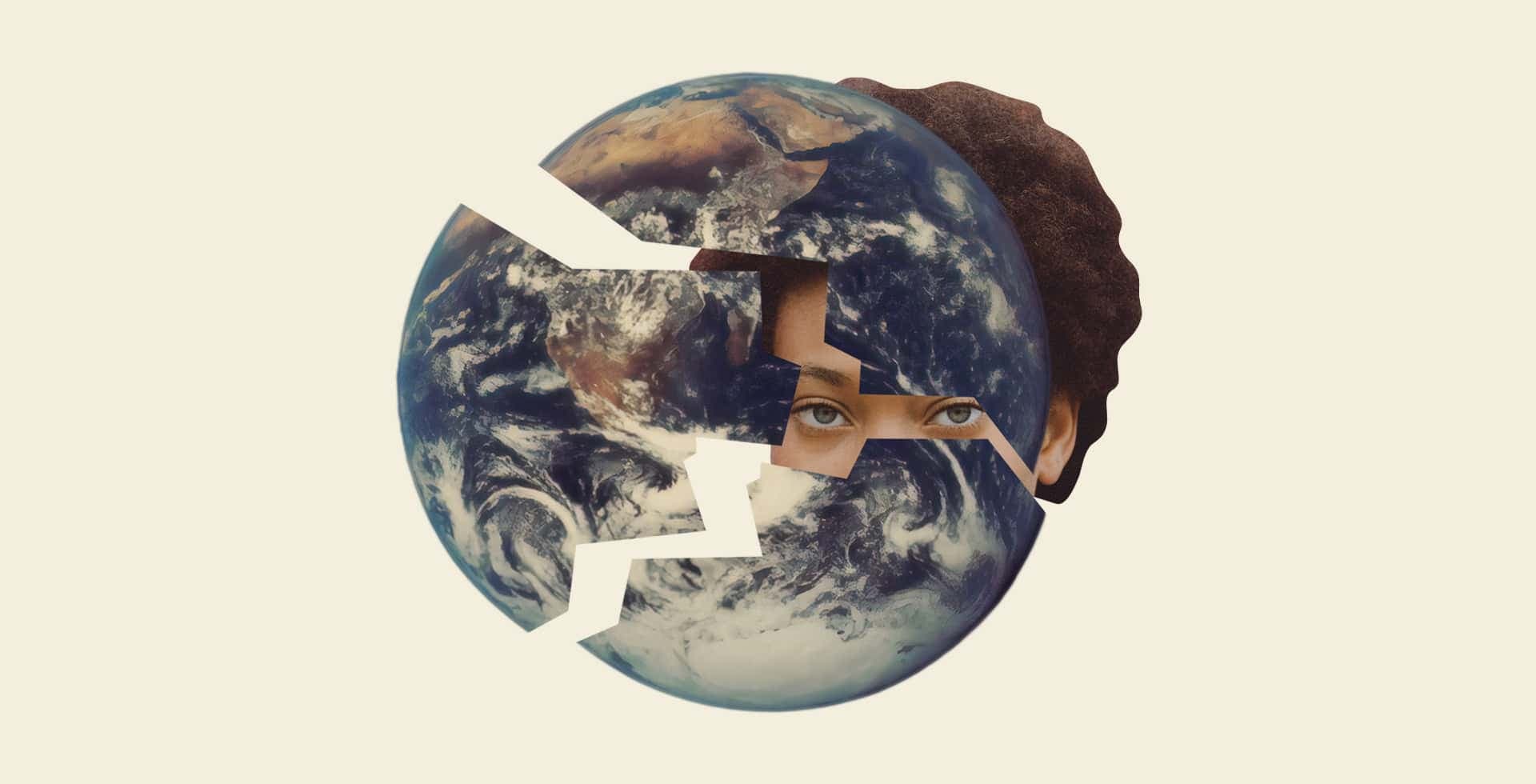 Kollage med planeten jorden i tre deler och ett ansikte bakom planeten.