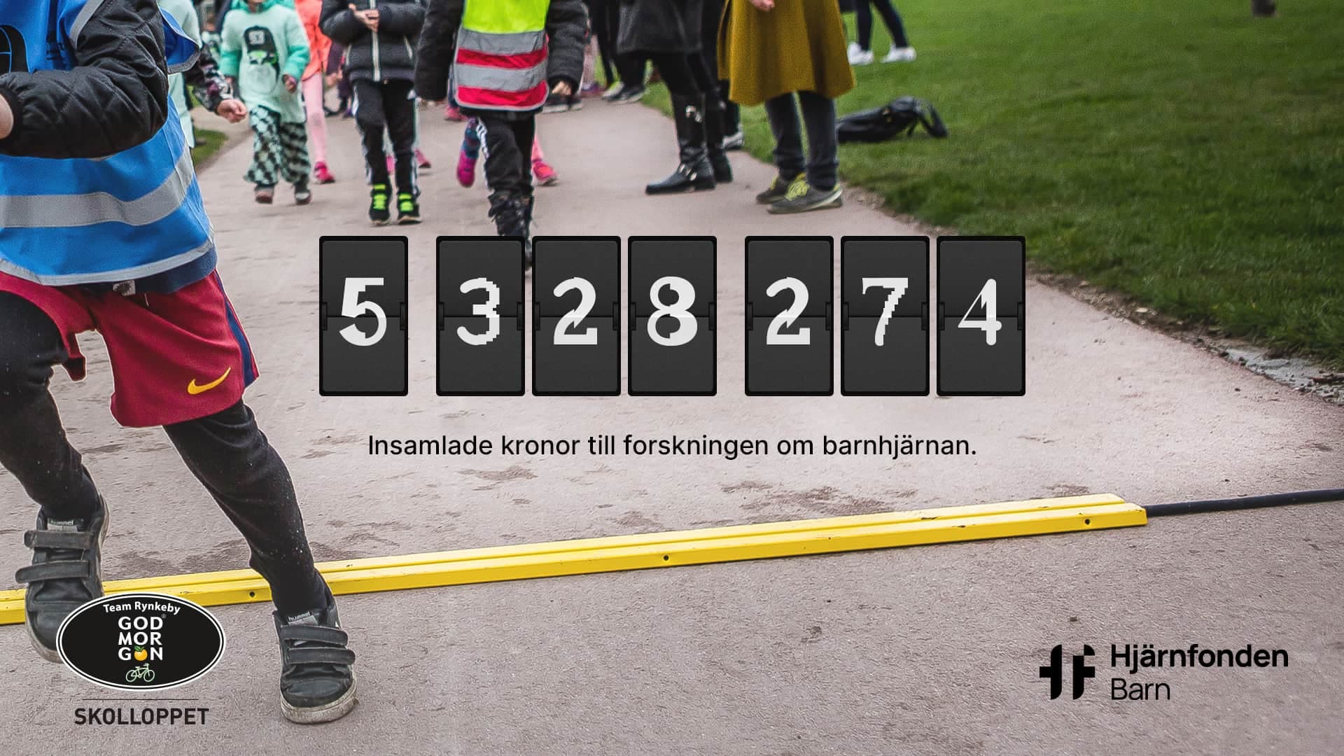 Text som visar att 5 328 274 kronor har samlats in till forskning om barnhjärnan, med barn som springer i bakgrunden.