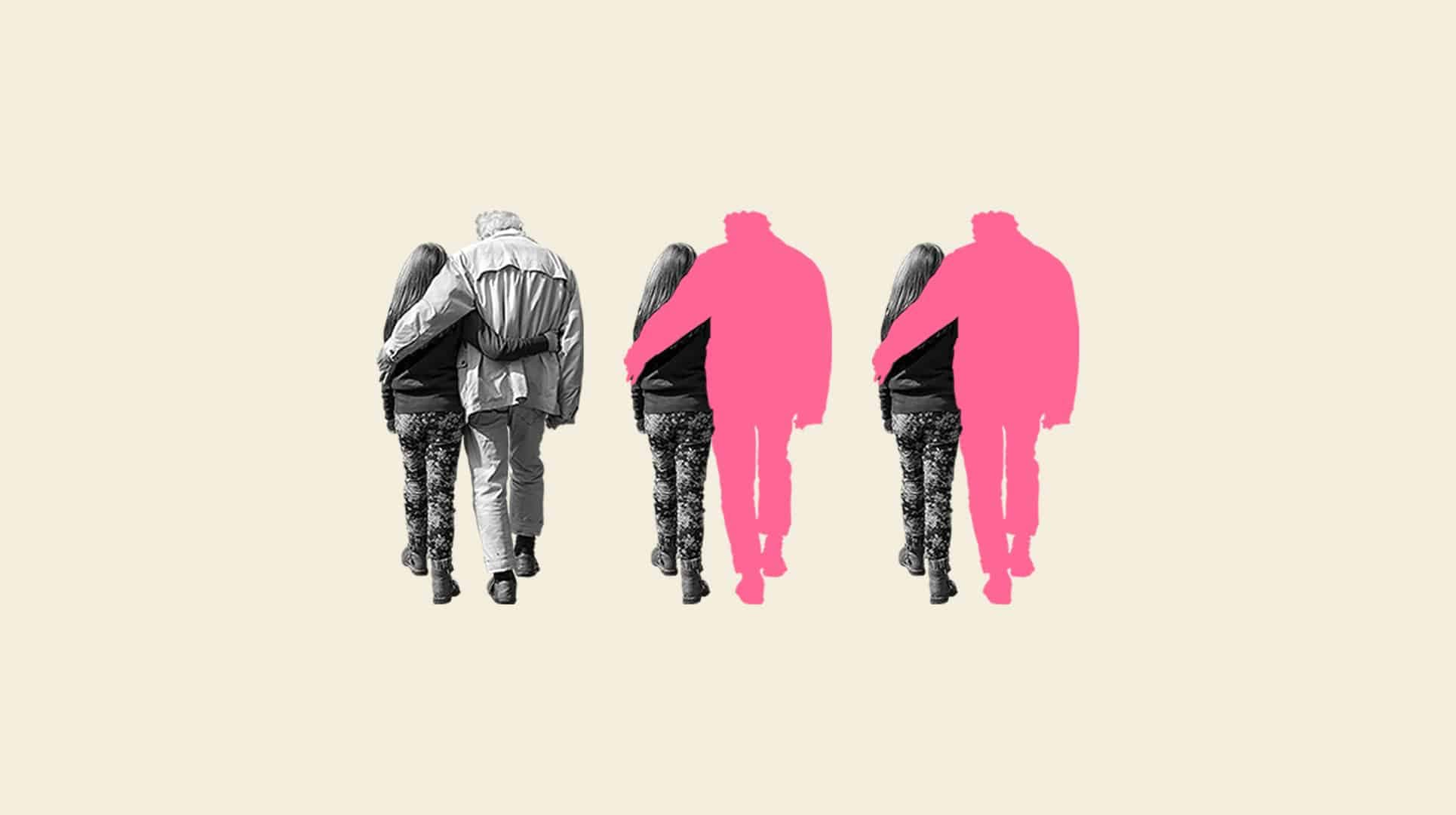 Ett kollage med tre kopior av en flicka och en äldre man som håller om varandra. I två av tre är den äldre mannen en rosa siluett.