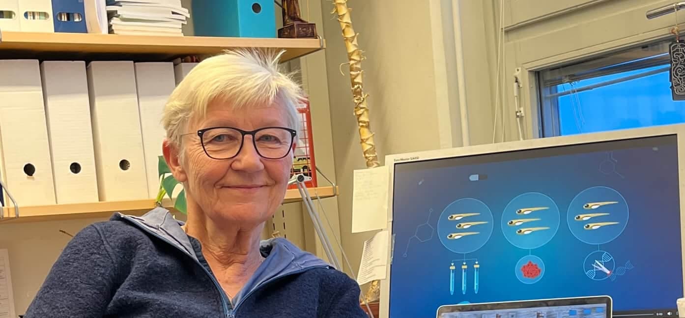 Lena Kjellén vid en datorskärm tittandes mot kamera.