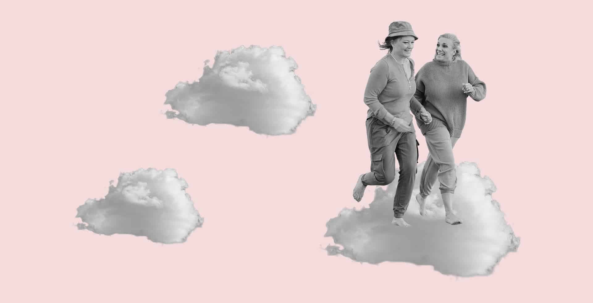 Kollage med två kvinnor som springer hand i hand på ett moln.