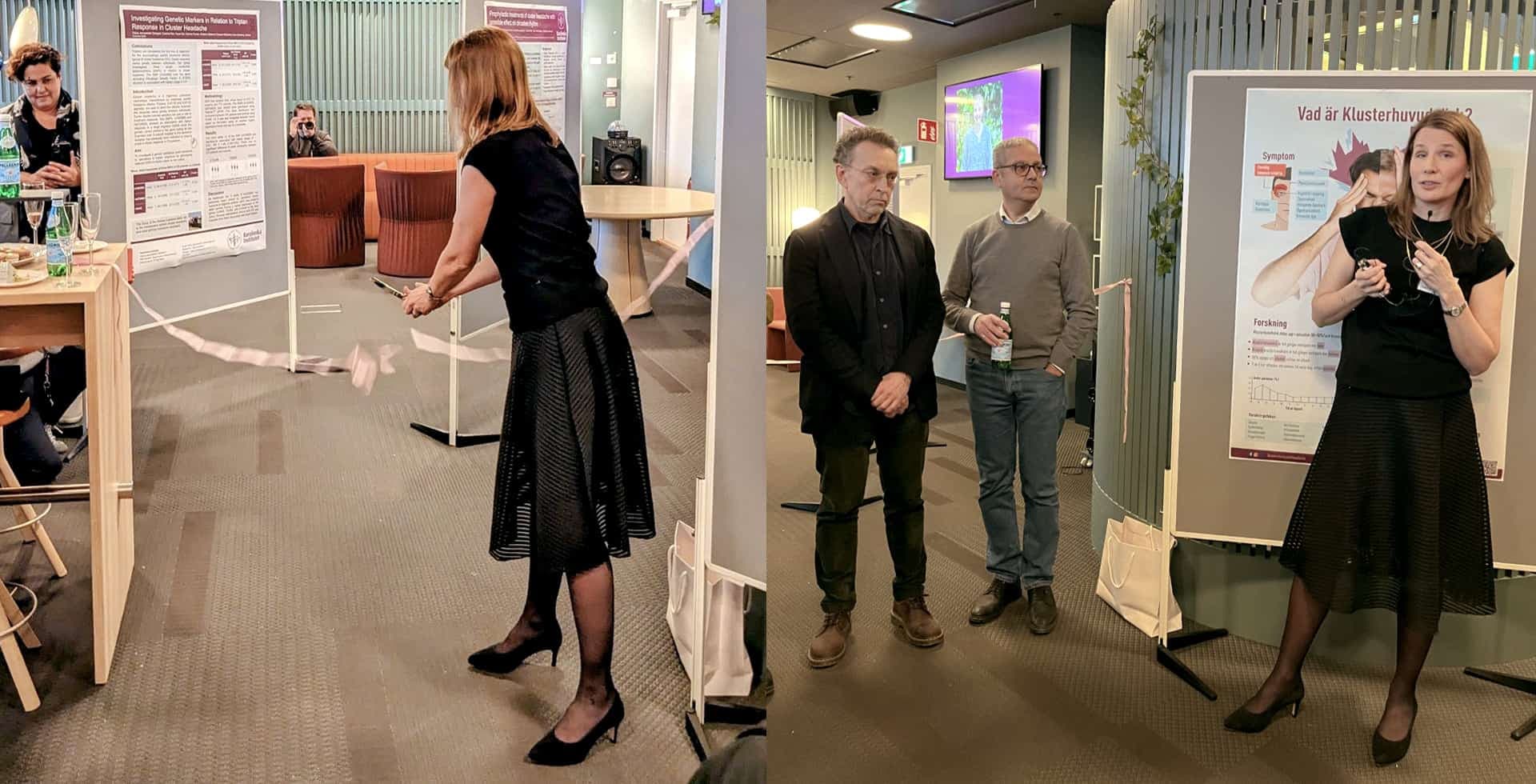 Separata bilder där Andrea Carmine klipper ett band och där hon stpr och talar i en liten mikrofon.