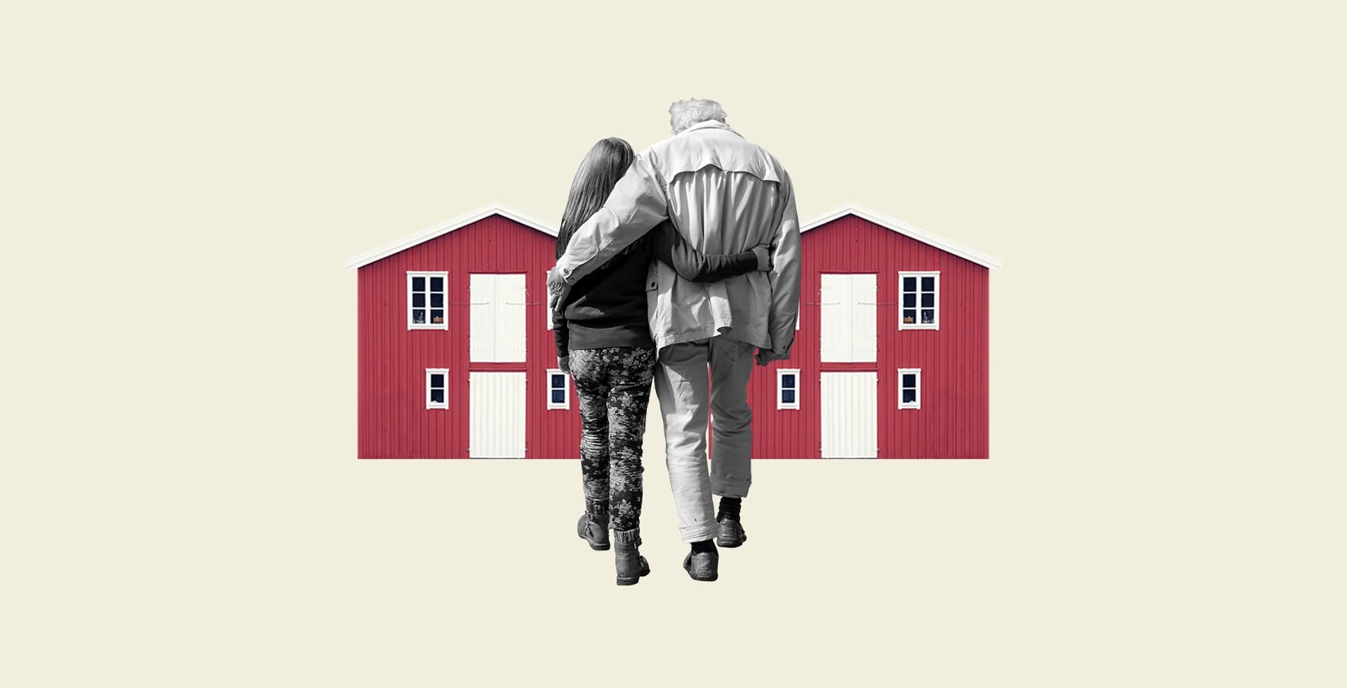 Ett kollage med en flicka och en äldre man som håller armarna runt varandra, gåendes mot två röda stugor.