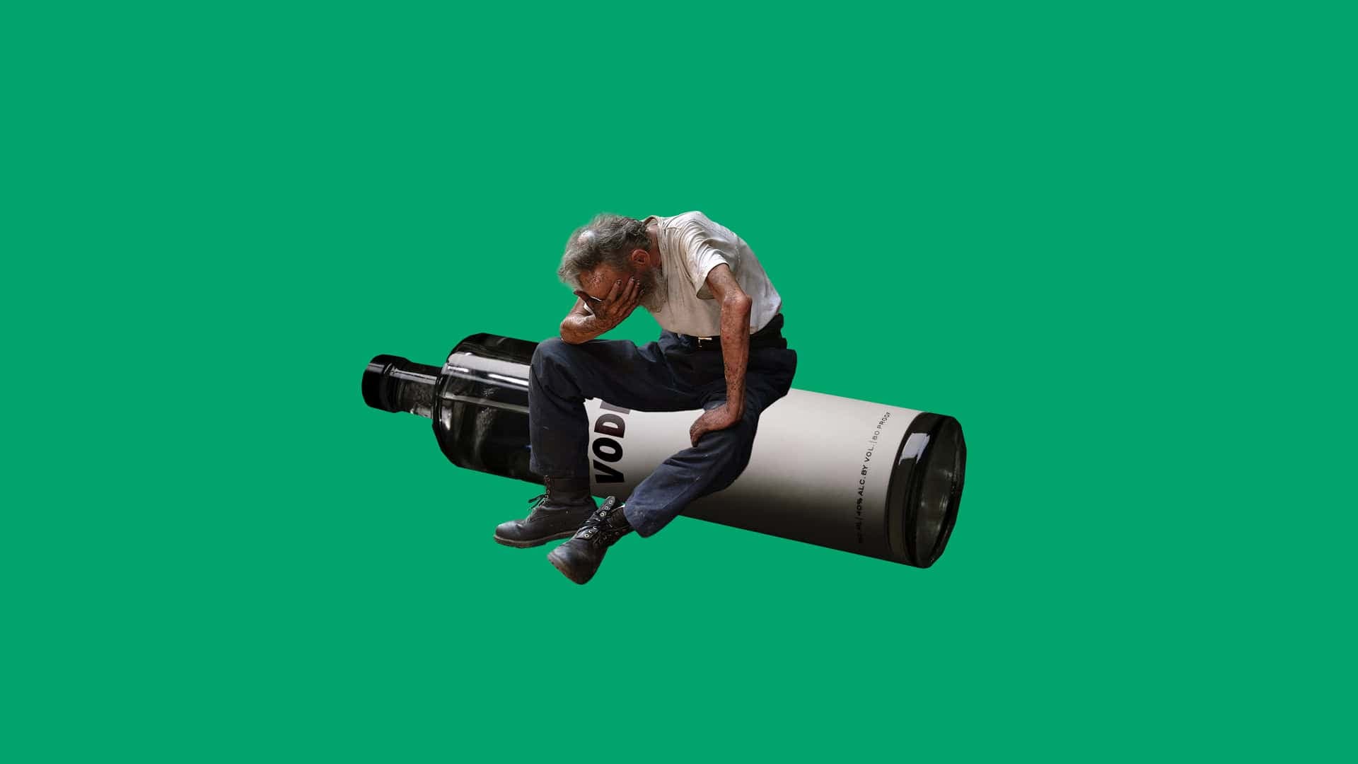 Kollage med en man som sitter hopkrupen med handen över ansiktet på en stor vodkaflaska.