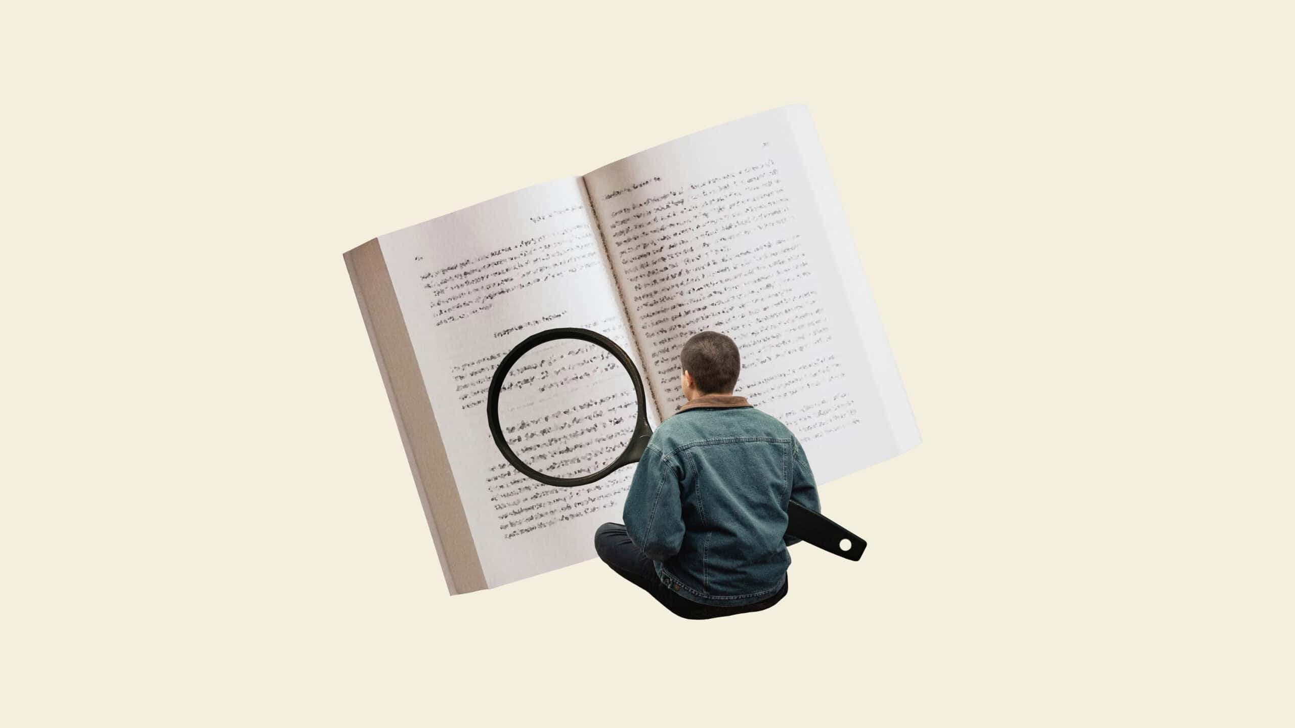 Kollage med en person som studerar en uppslagen bok genom ett stort förstoringsglas.