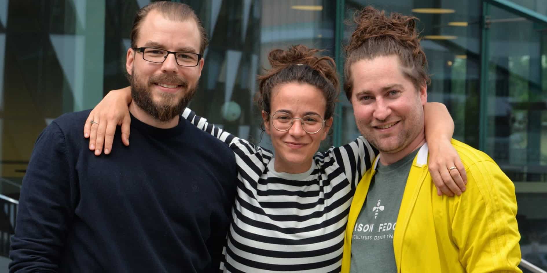 Porträtt av forskarna Daniela Calvigioni, Janos Fuzik och Pierre Le Merre.